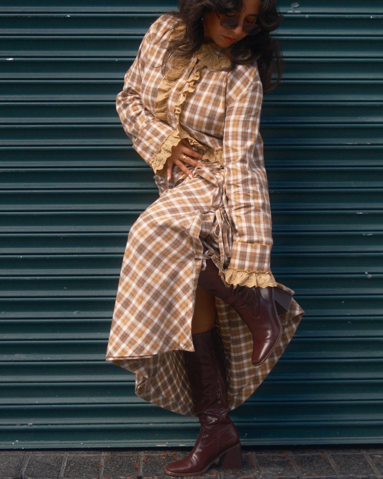 Brown Plaid Midi Wrap Skirt by Carmen Says