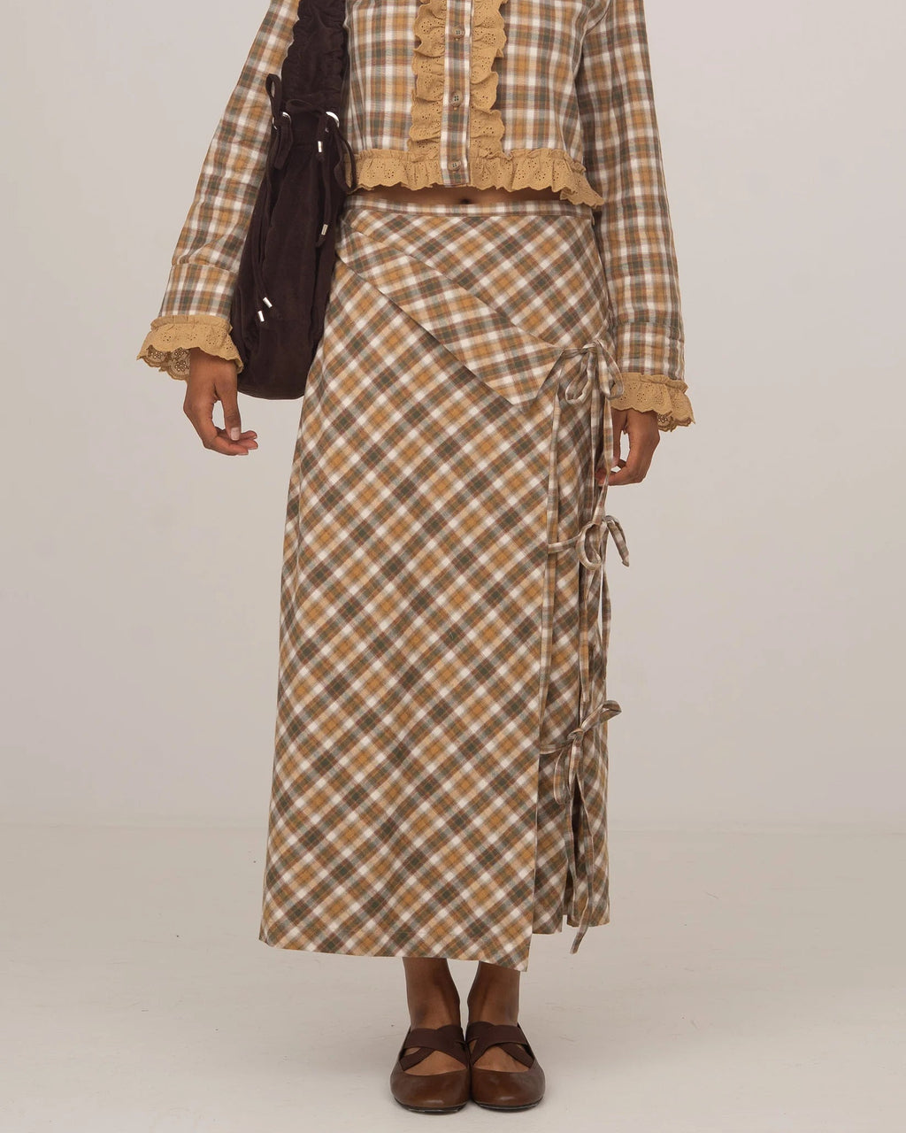 Brown Plaid Midi Wrap Skirt by Carmen Says