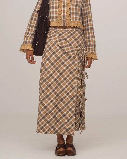 Brown Plaid Midi Wrap Skirt by Carmen Says