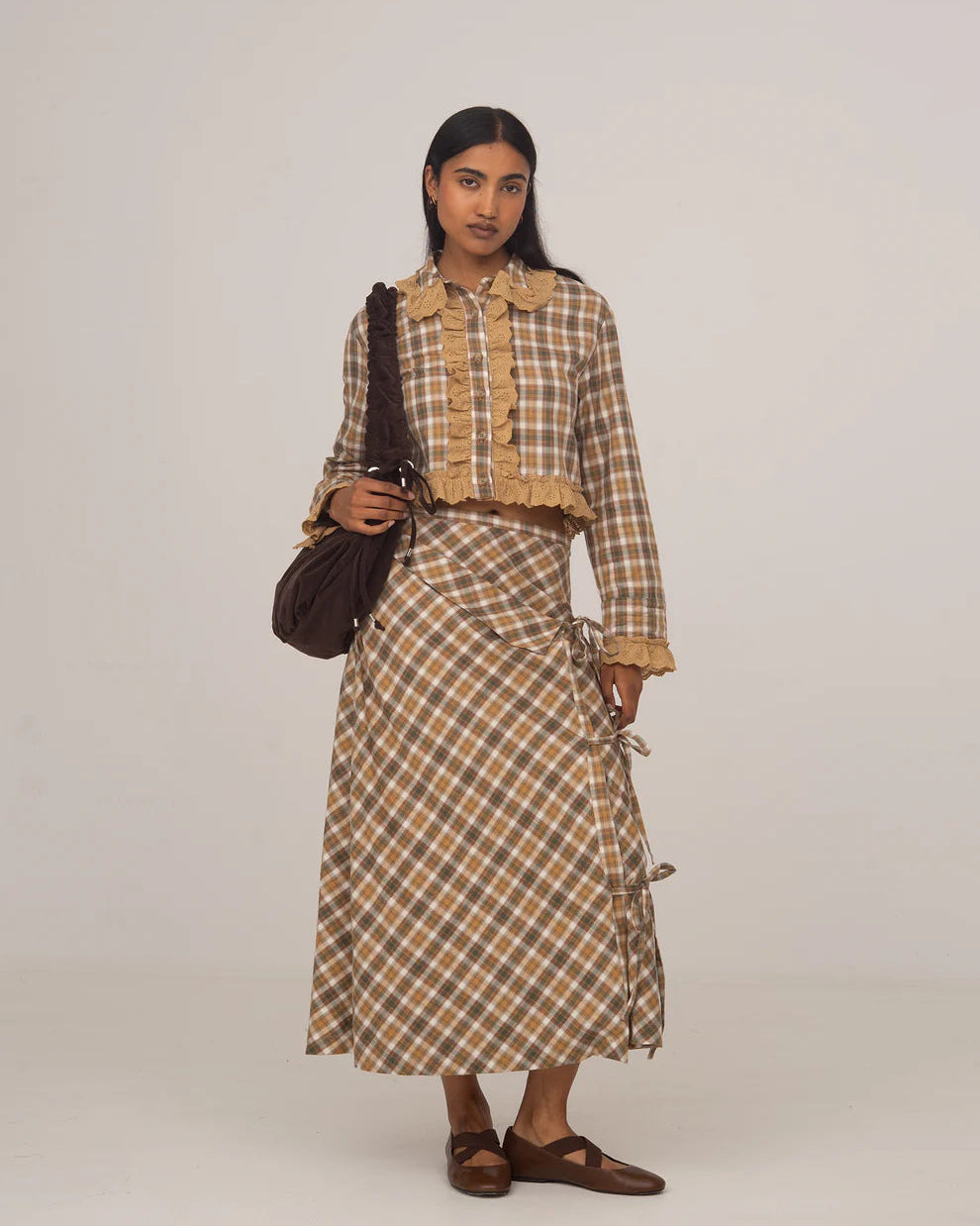 Brown Plaid Midi Wrap Skirt by Carmen Says